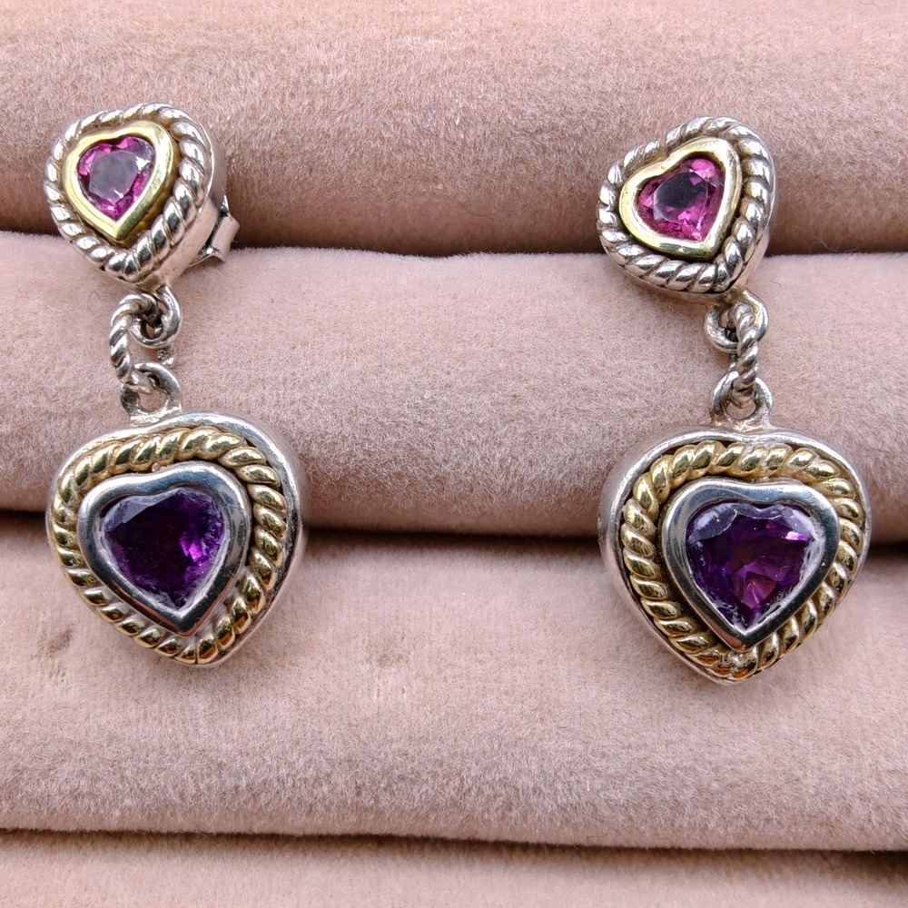 Sterling Silver 18K Gold Heart Amethyst and Pink Sapphire Dangle Earrings Signed